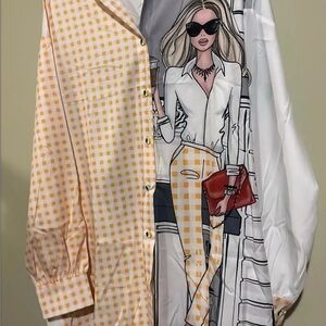Chic Yellow Checkered and Graphic button down blouse